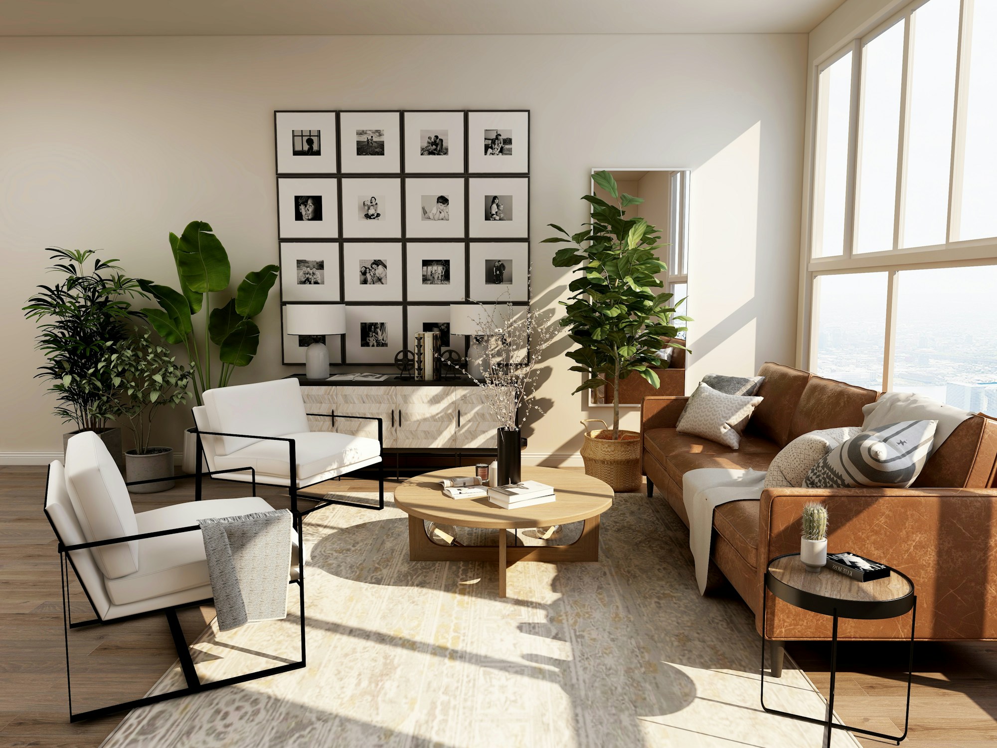 A bright, welcoming living room with soft neutral furnishings